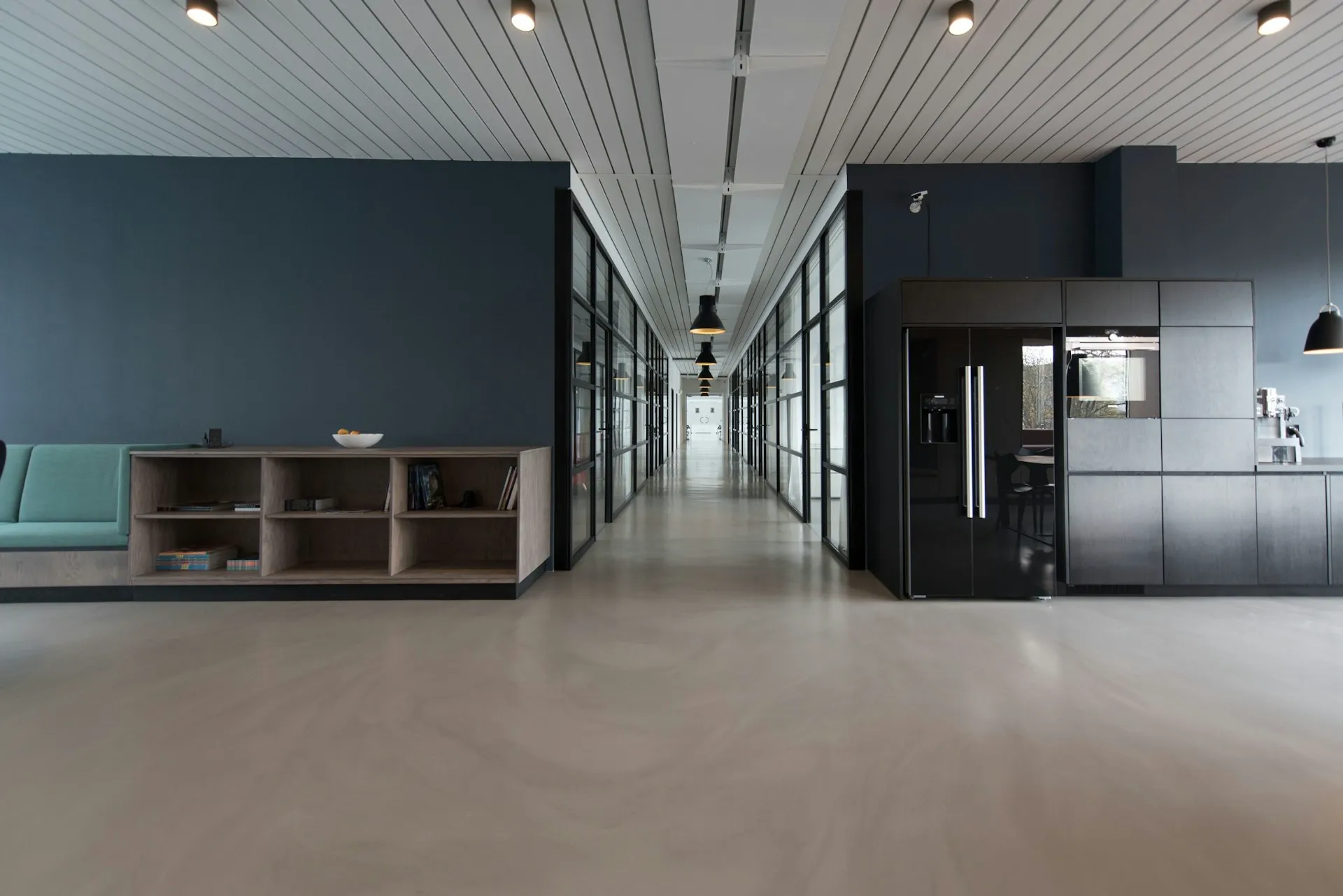 Modern meeting room with a table and seating arranged for a video call